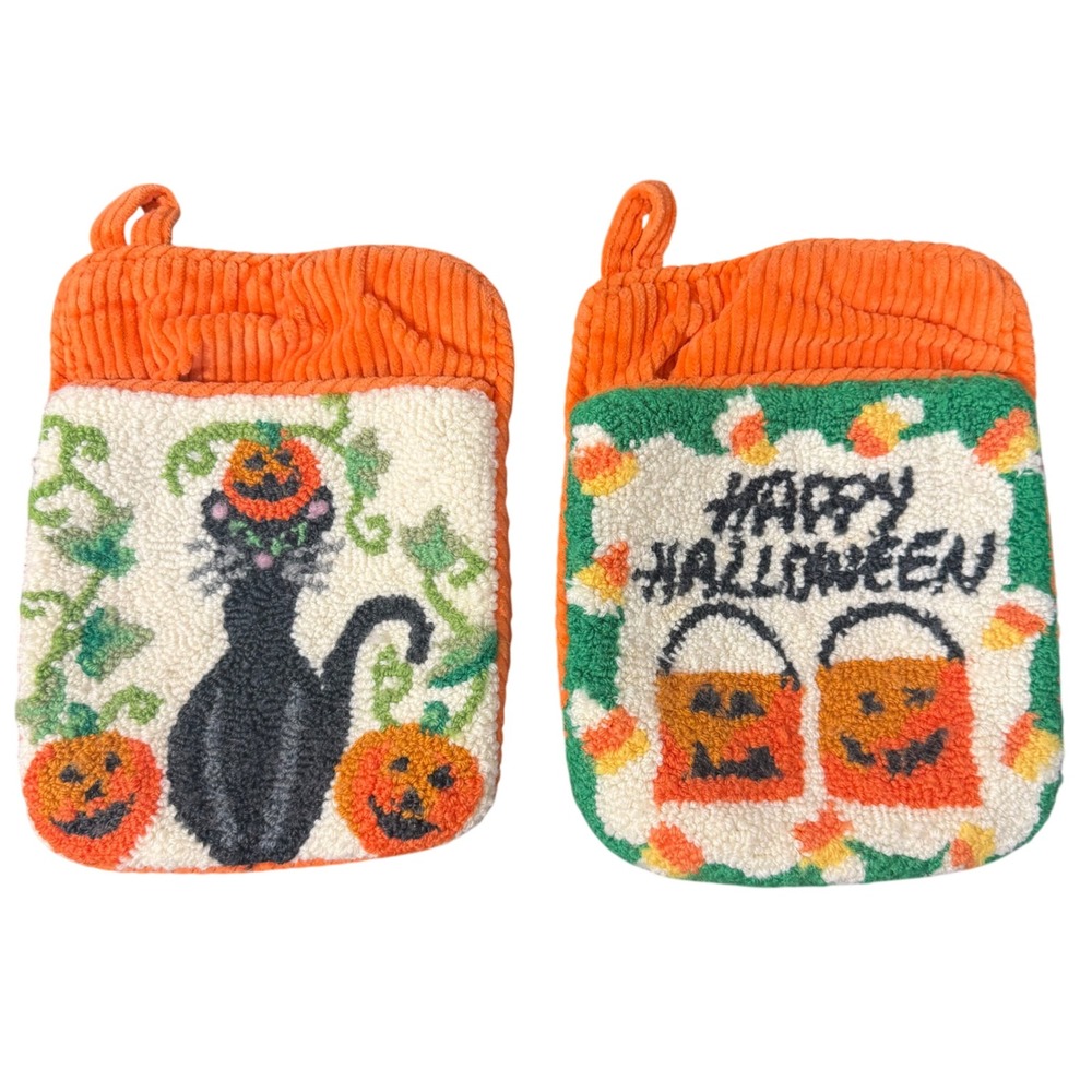 Vintage Halloween Potholders Orange Black Cat Pumpkin Kitsch Decor 8.5x6.5